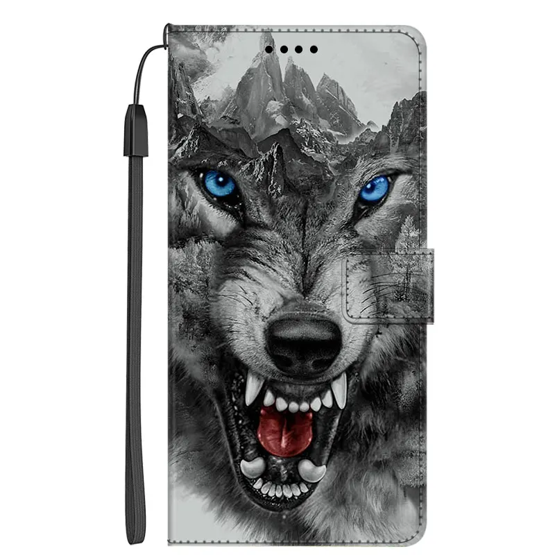 Elegant Leather Flip Phone Case with Wallet & Artistic Cat and Wolf Design