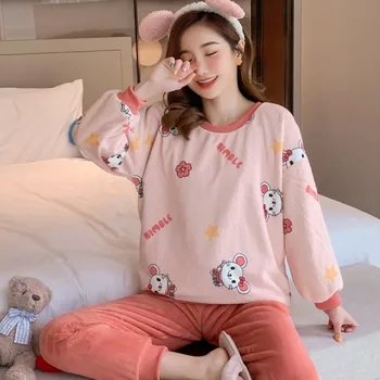 

Winter Long Sleeve Women Pajamas Set Cute Cartoon Mouse Doll Print Warm Thick Flannel Pyjamas Set O Neck Coral Velvet Sleep Wear