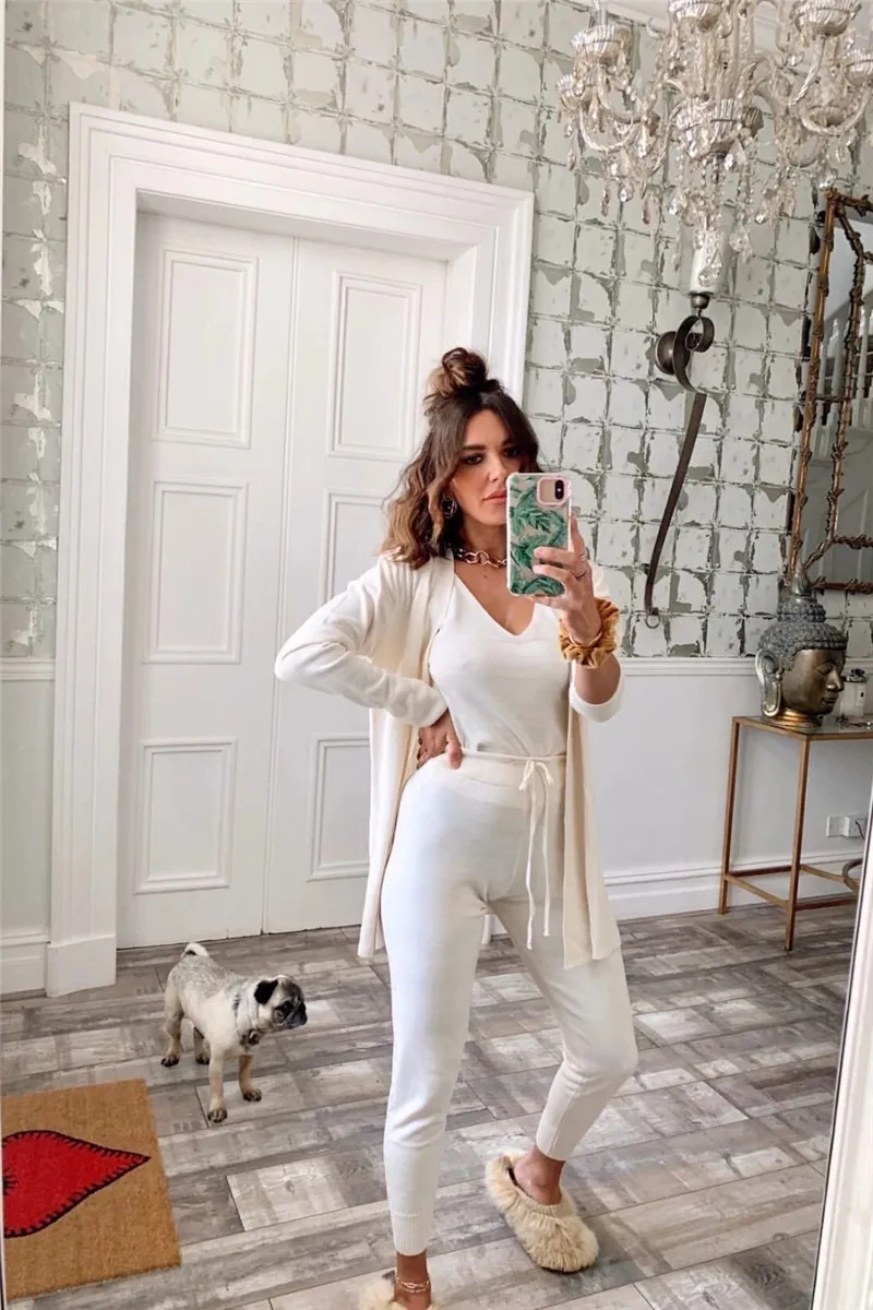 knitted 3 piece women loungewear sets cardigan ladies jumper outfits autumn knit tracksuit woman new casual 3 pcs matching sets
