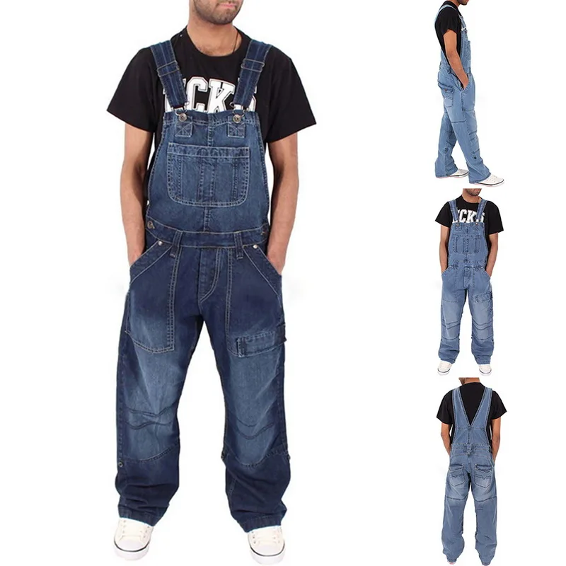 Fashion man Casual Losse Pocket Overalls Comfortabele Denim Jumpsuits Bib pants jeans baggy Jeans Man Blauw Broek