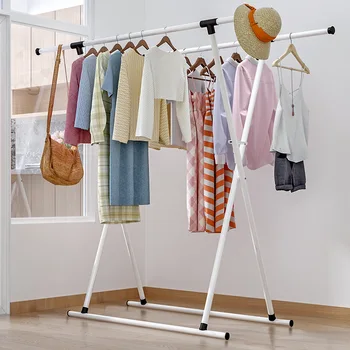 

Clothes Hanger Floor Folding Indoor Double Poles Balcony Clothes Retractable Clothing Rod Simple Clothes Hanger