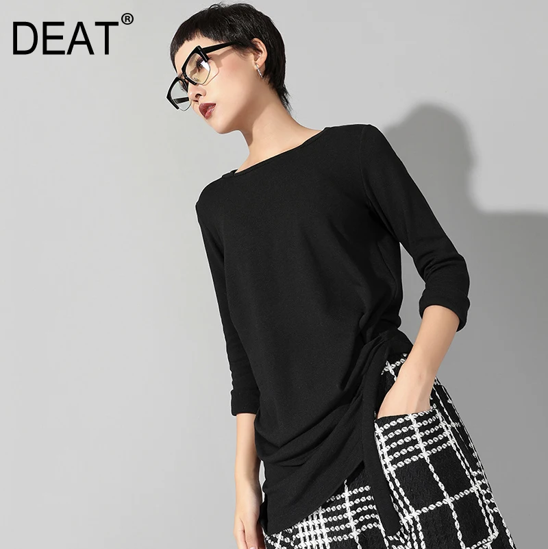 

[DEAT] 2019 New Autumn Winter Round Neck Long Sleeve Black Loose Hem Irregular Knot Stitch T-shirt Women Fashion Tide JR35