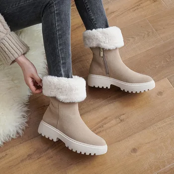 

Women's Mid Calf Boots Big Size Shoes Woman Round Toe Leather Booties Low Heels booties Australia Clogs Platform Lace Up
