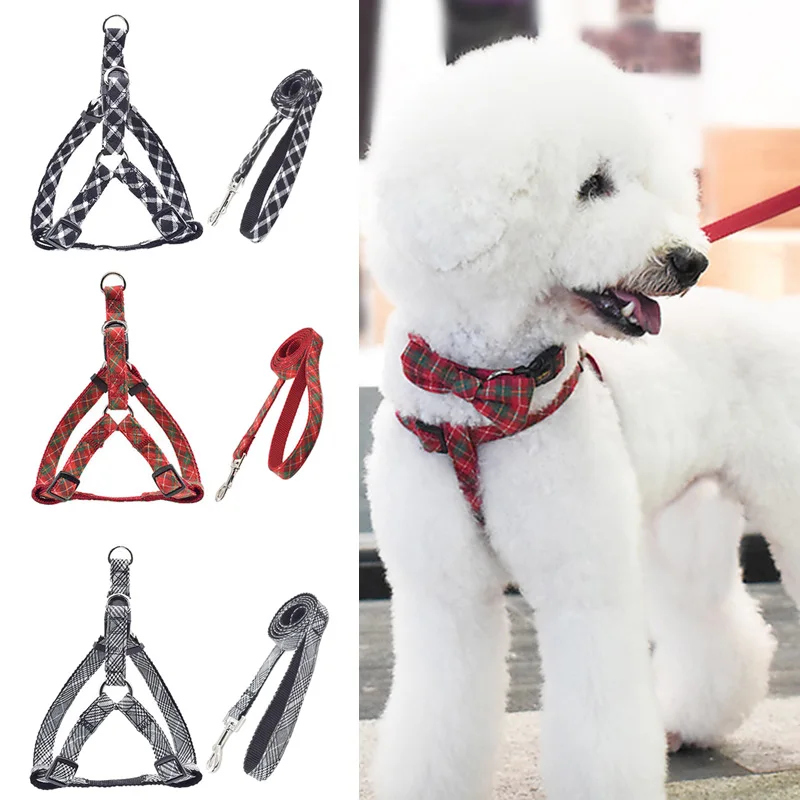 

Plaid Print Dog Harness Collar and Leash Sets Detachable Collar with Bow Pet Harnesses for Small Medium Large Dogs Accessories