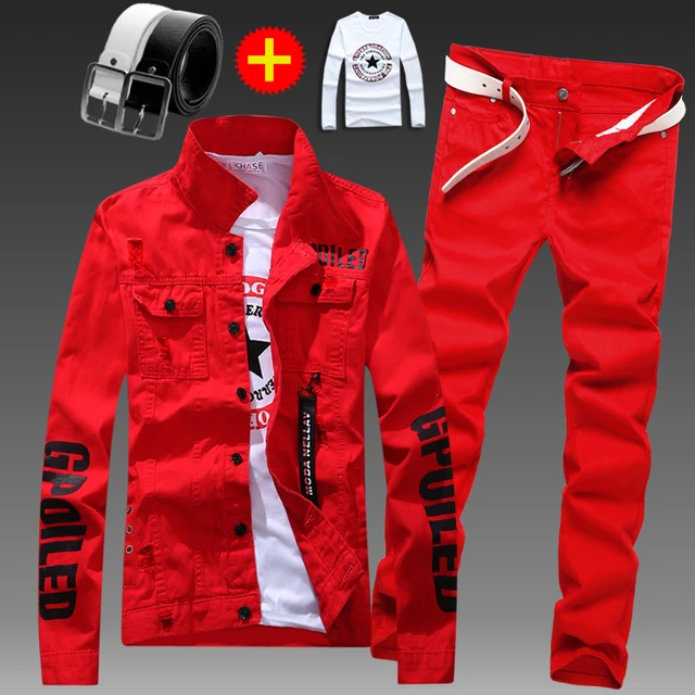 Men S Tracksuits Slim Fit Denim Jacket Pants Set Long Sleeve Coats Letters  Printed Casual Large Size Black White Red Boys Trousers 230330 From Chao04,  $41.35