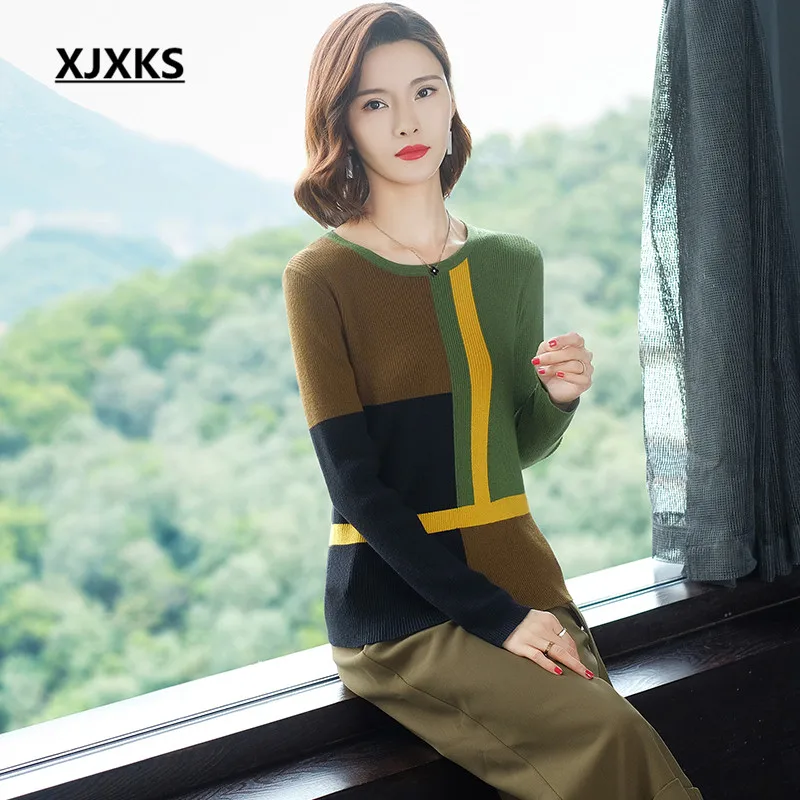 XJXKS соединяет Тонкий удобный кашемировый трикотажный свитер женский пуловер осень и зима высококачественный Женский свитер - Цвет: Зеленый