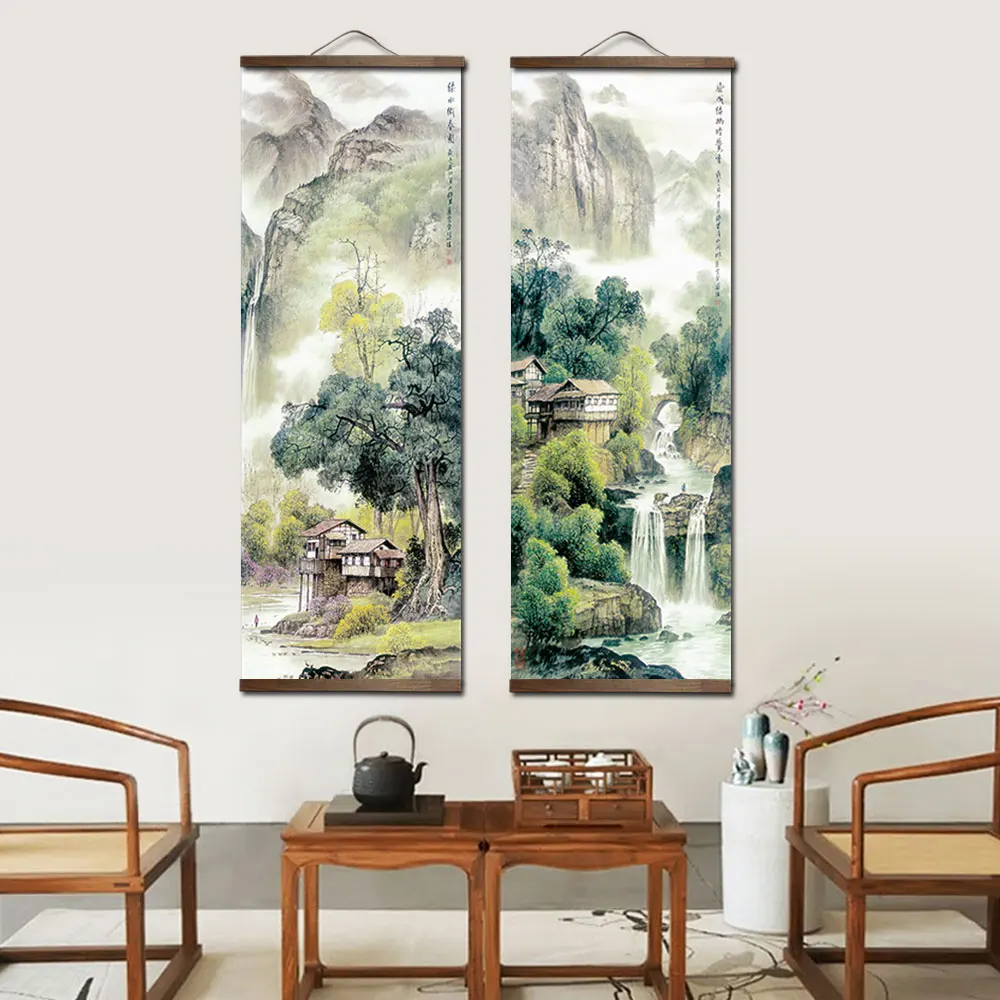 Chinese Traditional Style Four Seasons Landscape Canvas for Livingroom Wall Art Poster Solid Wood Scroll Paintings Home Decor 3