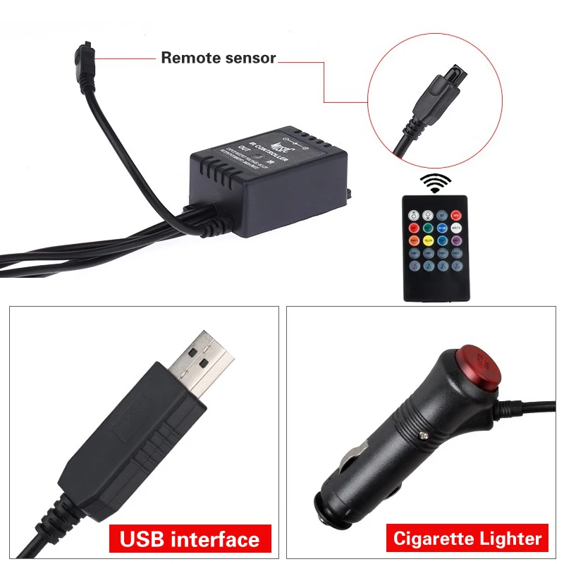 Auto LED RGB Interior Atmosphere Strip Light Decorative Foot Lamp With USB Wireless Remote Music Control Multiple Modes For Car led strip lights led car lights led lights led atmosphere lamp led light strip led car decorative lights led car decoration lamp car ambient lights led atmosphere lighting led interior lights
