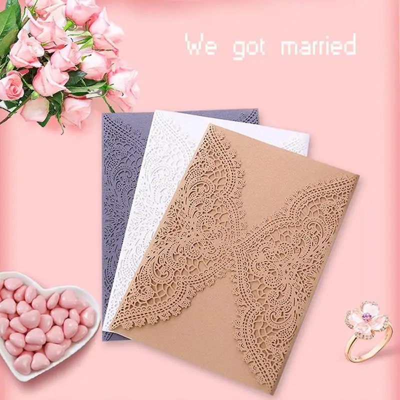  10PCS Lace Pattern Wedding Cards Laser Cut Paper Cards Announcement Greeting Postcards Birthday Par - 4000314122671