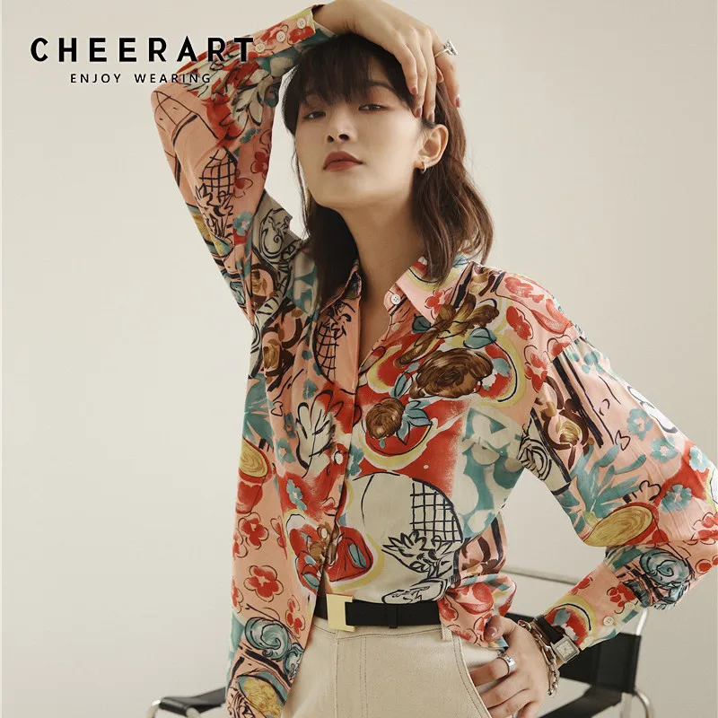 Стильная Цветочная блузка CHEERART Matisse, рубашка с длинным рукавом, женские розовые дизайнерские рубашки для женщин, Топ бренд, осенняя одежда