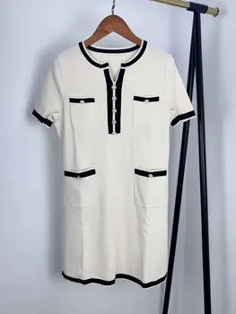 

Women Dress 2020 Women's V-neck Short Sleeve Knitted Dress Imitation Pearl Button Mini Dress