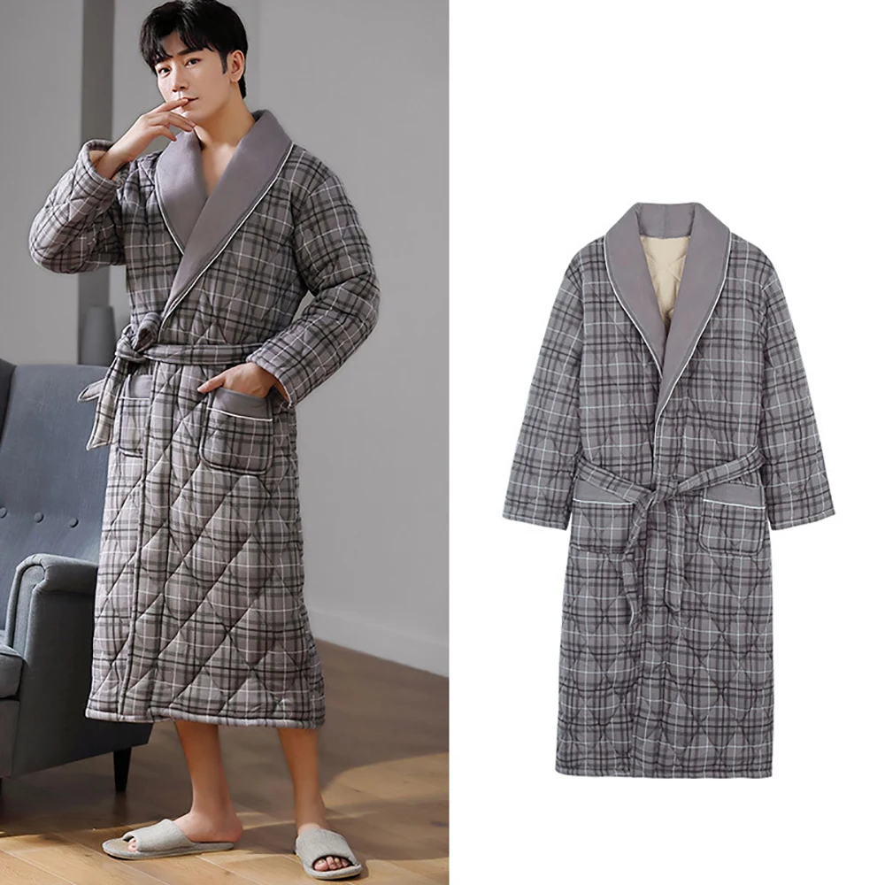 mens cotton pajama bottoms Mens Luxury Plaid Robe Autumn Winter Thick Long Bathrobes Man Cotton Soft Dressing Gown Breathable Kimono Bath Robe Plus Size best mens pajamas