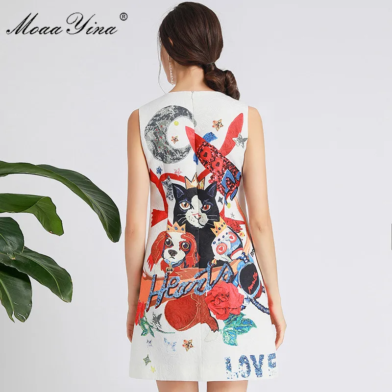 MoaaYina Summer Fashion Short Dress Women's Sleeveless Cartoon Print Jacquard Beading Crystal Sequin Dresses