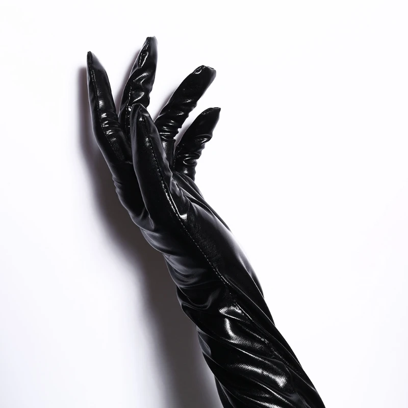 

Women Sexy Elastic Shiny Mid-Upper Arm Length Wet Look Long Black Solid Gloves F3MD