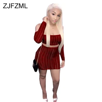 

Mesh Sequined Sexy Two Piece Matching Set Women Off The Shoulder Backless Long Sleeve Crop Tops + High Waist Bodycon Mini Skirts