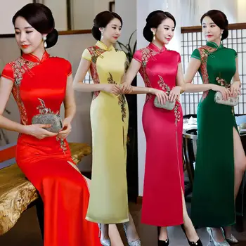 

Size 4XL Mermaid Embroidery Elegant Stage Show High Split Silm Qipao Chinese Traditional Women Dress Vintage Lady Sexy Cheongsam