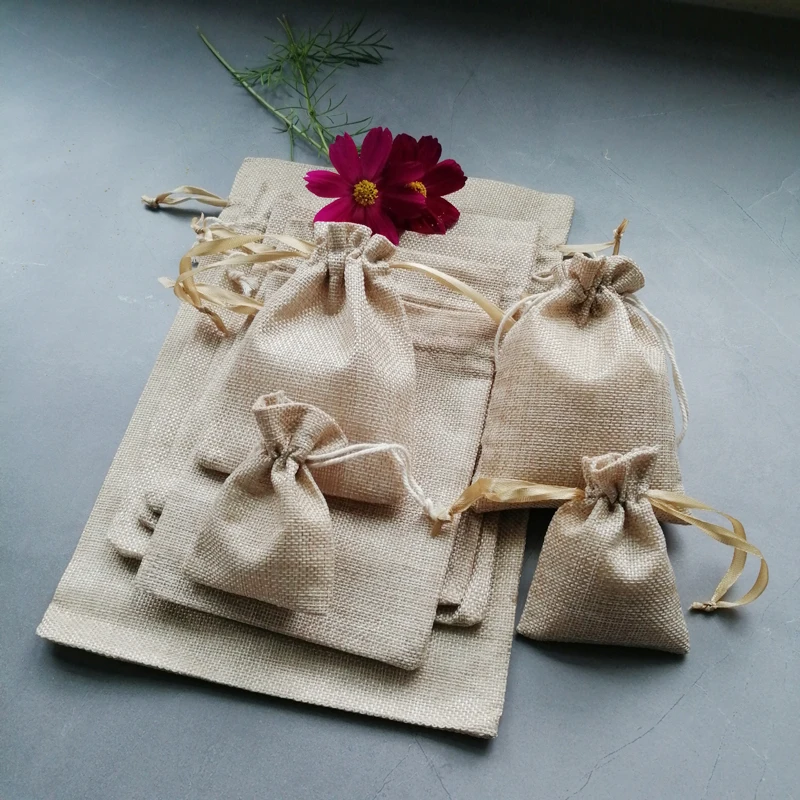 20pcs Silk Ribbon/Cotton Jewelry Bag Sack Jute Jewelry Packaging Linen Bags Sachet Gift Bag Storage Charm Candy Drawstring Bags