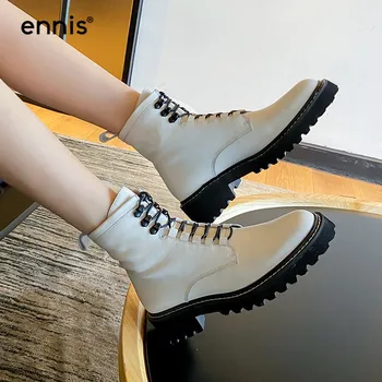 

ENNIS Woman Martin Boots Platform Lace Up Boots Genuine Leather Round Toe Square Low Heel Ankle Boots White Black Shoes A0176