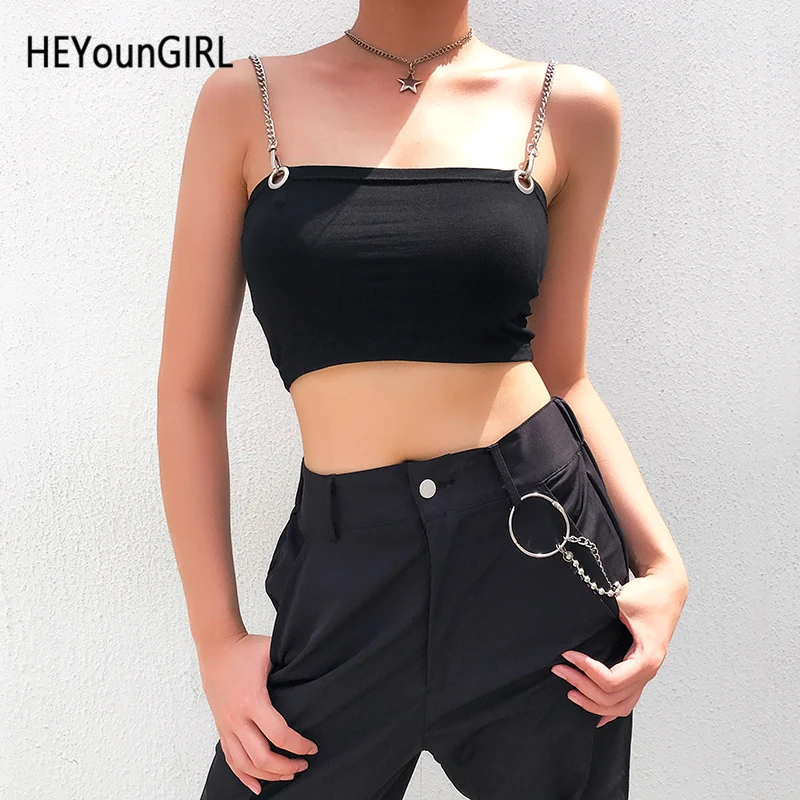 Heyoungirl Harajuku Black Chain Cami Tops Tees Basic Sleeveless Strappy Bustier Summer Top Punk Streetwear Spaghetti Strap Top