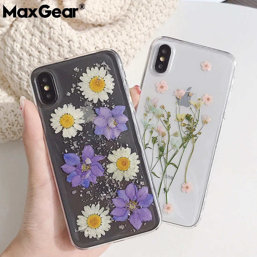 Daisy Sequins Real Dried Flower Soft TPU Phone Case For iPhone 11 Pro Xs MAX XR X 6 6s 7 8 Plus SE 2 Girl Gift Clear Back Cover |