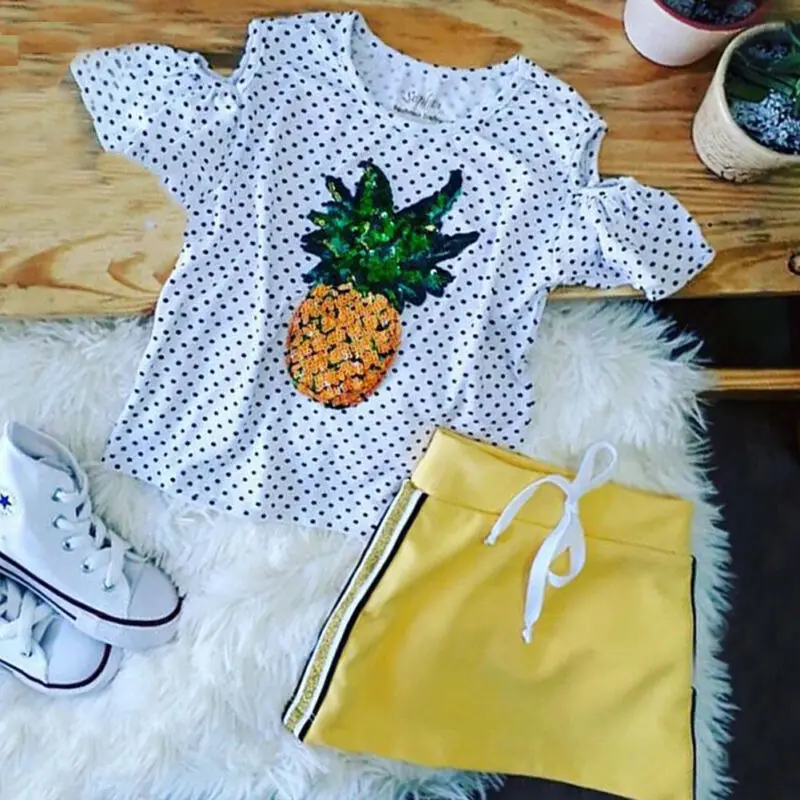 Emmababy модная Милая рубашка с коротким рукавом и мини юбка в горошек блестками