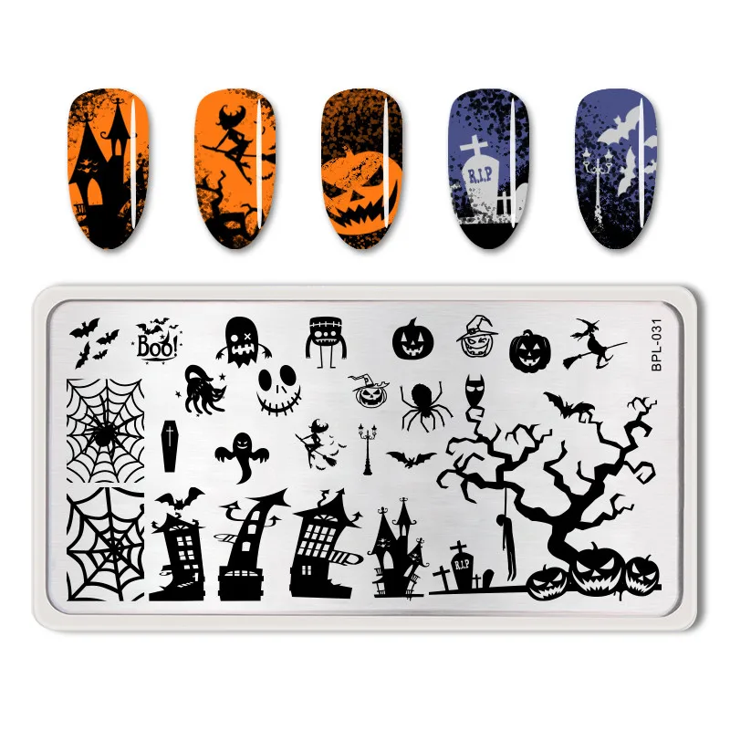 BORN PRETTY прямоугольные пластины для штамповки ногтей Ghost Stamp шаблон из нержавеющей стали дизайн ногтей изображение трафарет Хэллоуин тема - Цвет: BPL-031