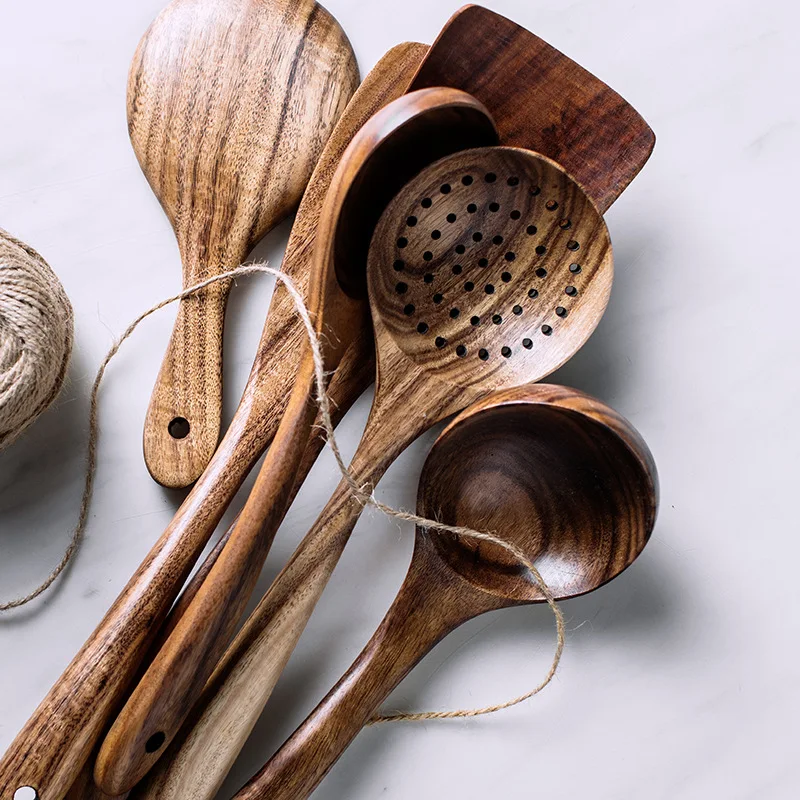 Natural Teak Wood Cooking Spatula Kitchen Utensil Set Tableware Spoon Colander Soup Skimmer Spoons Scoop Kitchen Cooking Tool Set (4)
