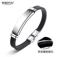 BOBOTUU гравировальные мужские браслеты с подвесками здоровые энергетические идентификационные браслеты модные черные магнитные каменные силиконовые оздоровительный браслет BOPH1276