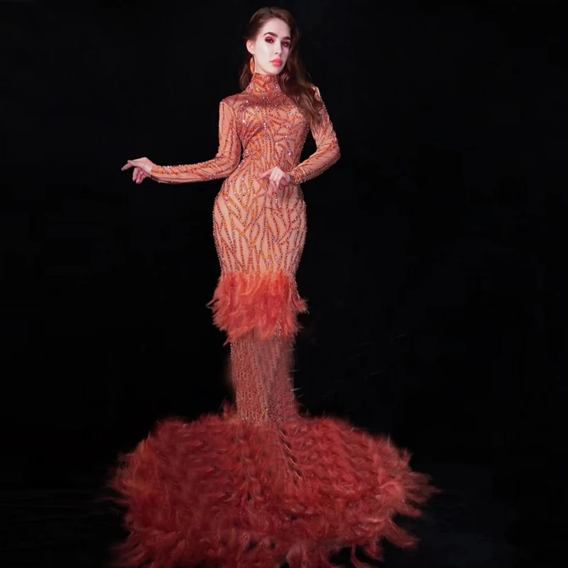 

Latest Fashion Hot Selling Long Sleeve Red Feathers Autumn Dresses Women Sequin Long Dress Cocktail Gown Women Costume Wholesale