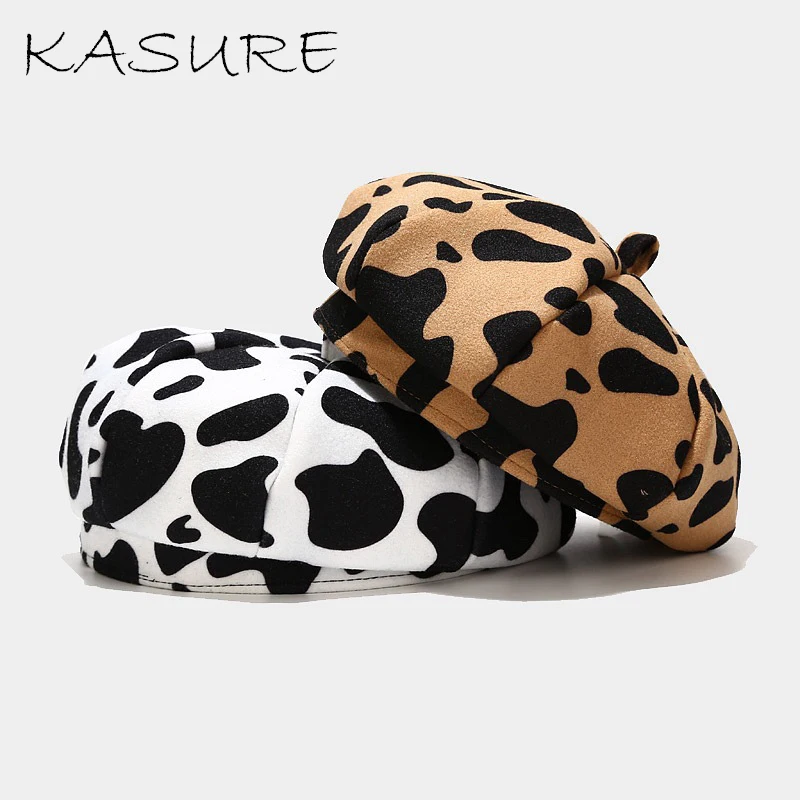 

KASURE Autumn Winter Woolen Beret Hat Cow Printed Women Girls Painter Vintage Artist Outdoor Street Beanie Cap Fashion Warm Caps