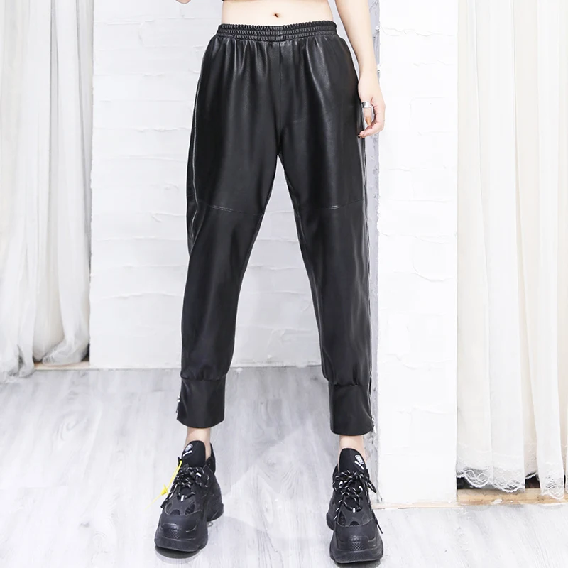 

New arrival Designer Genuine leather Harem pants Fashion women's High quality Sheepskin Real leather ninth pants C653