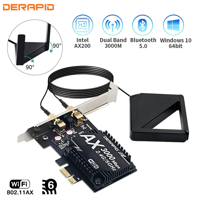 

3000Mbps Dual Band Wireless Desktop PCIe For Intel AX200 Wifi Card 802.11ax 2.4G/5Ghz Bluetooth 5.0 PCI Express WiFi 6 Adapter