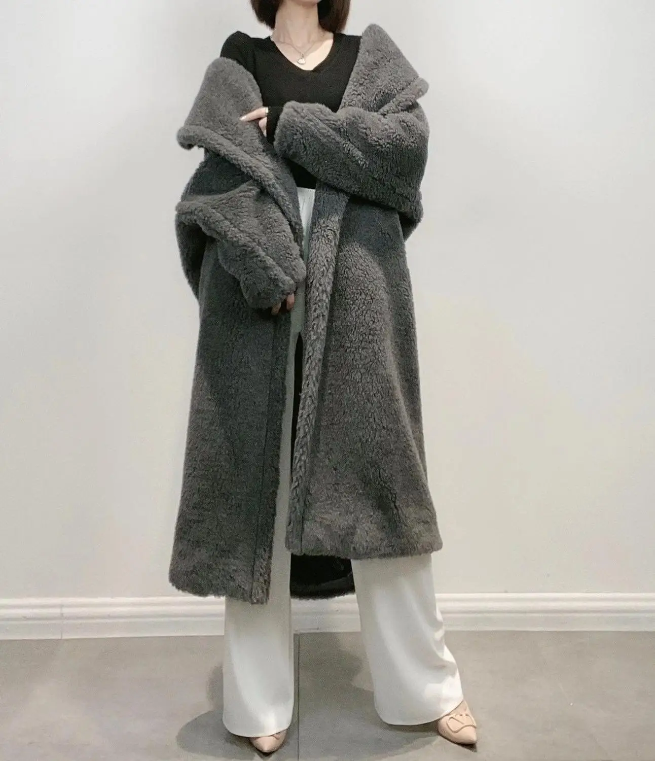 100% wool coat Women Winter Real Fur Overcoat