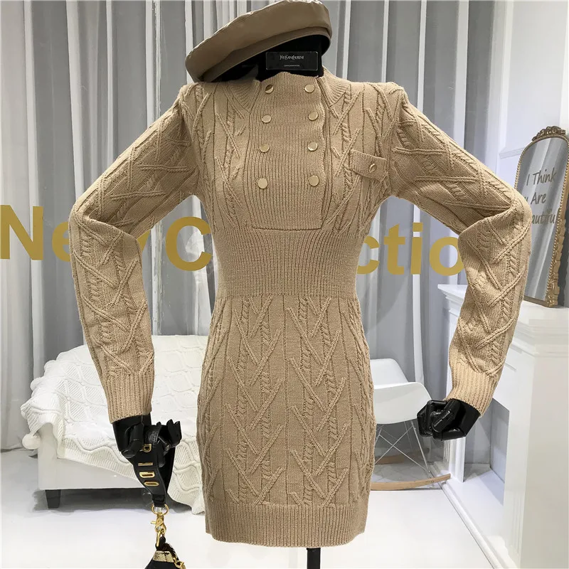 ALPHALMODA зимнее Новое модное двубортное тонкое вязаное платье, женское стрейчевое платье-свитер с длинным рукавом