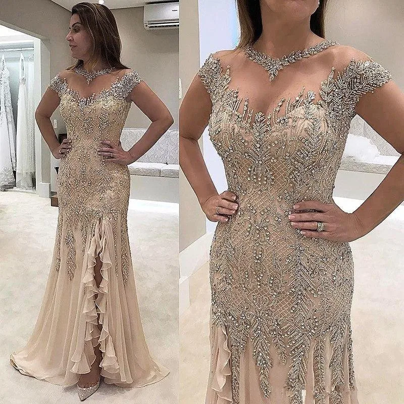 

2019 Luxury Sheer Neck Mermaid Evening Dresses Beadings Sequined High Side Split Prom Gowns Elegant Formal Dresses Evening Wear