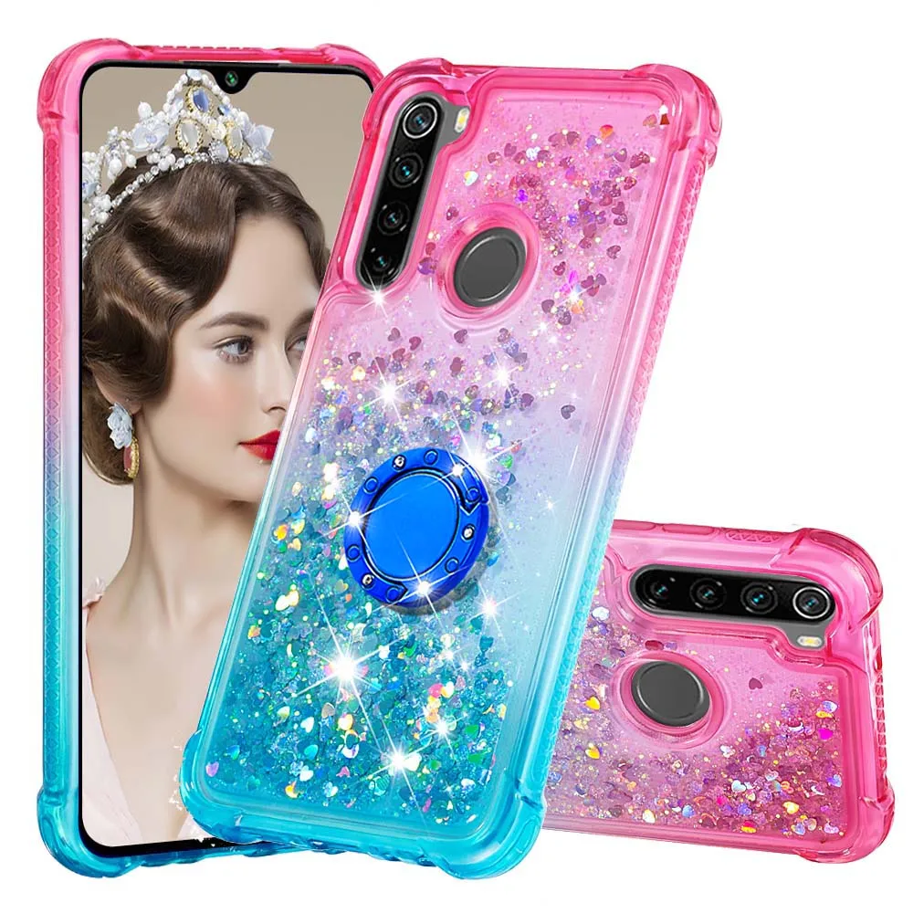 

For Xiaomi Redmi Note8 Case Gradient Shockproof Moving Glitter Liquid Quicksand Cushion Reinforced Corners Case Ring Holder