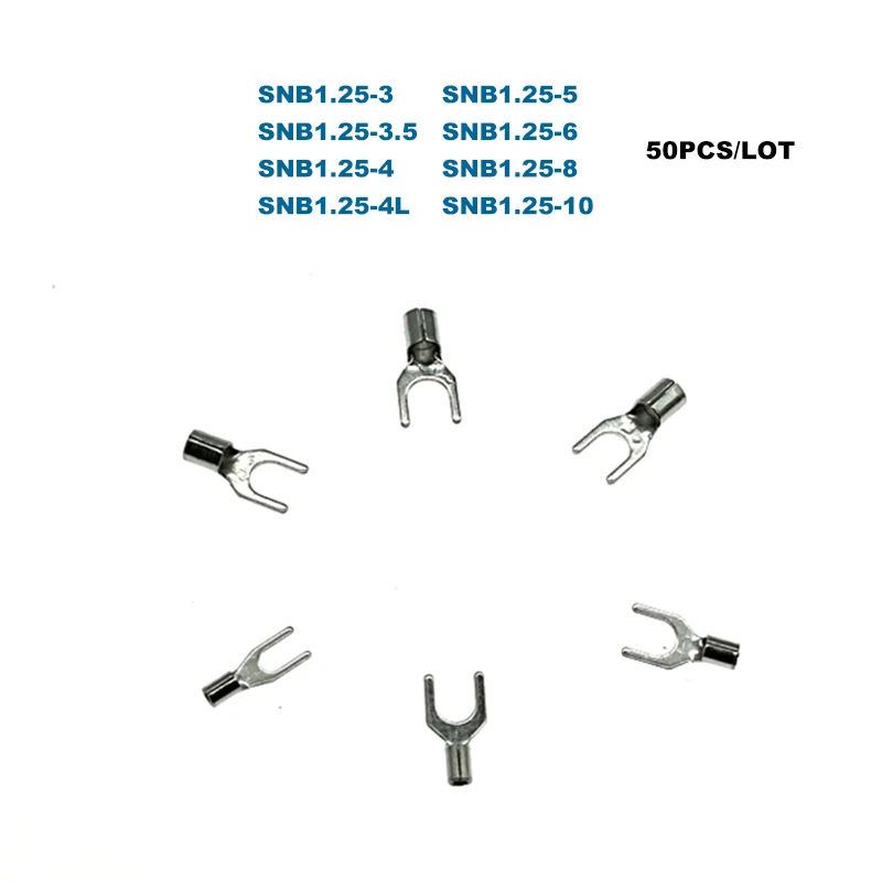 

50Pcs Spade Bare Crimp Terminals Electrical Cord End Wire Connector SNB1.25-3/4/5/6/8/10 Cable Ferrules 0.5-1.5mm2 22-16AWG