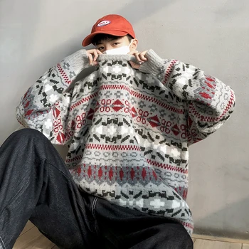 

2019 New Japanese Winter Large Size Cotton Classic Wild National Wind Pattern Jacquard Round Neck Pullover Sweater