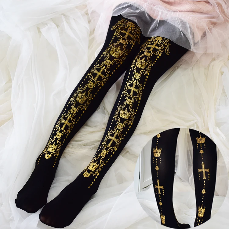 

Origional Japanese-style Lolita Retro Luxury Cross Crown Praise Double-Sided Bronze Lengthen Patyhose Non-transparent Meat