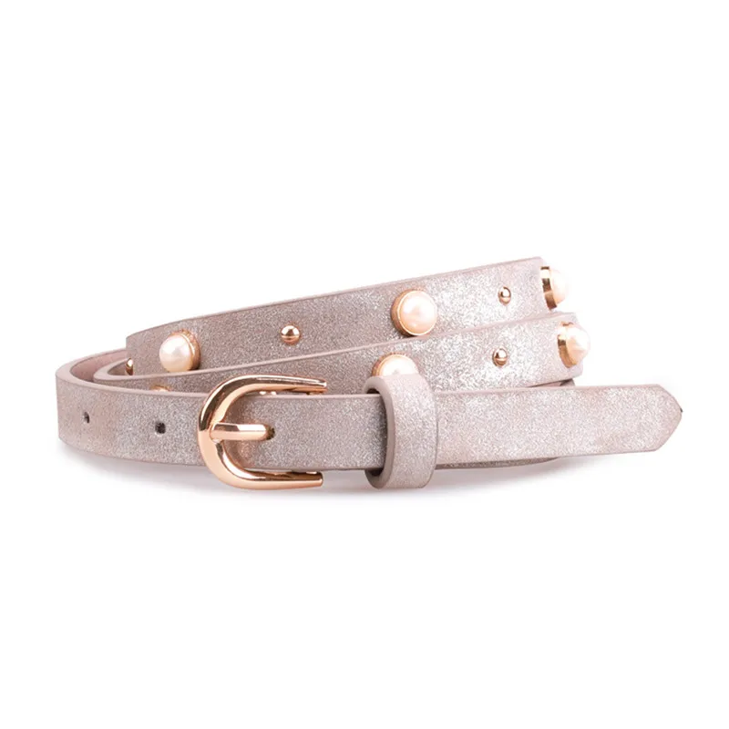 

2019 Designer Women Pink Belt Gold Pin Buckle Luxury Brand Rivets Pearls Belts Real Leather Women's Retro Belt for Dress Jeans