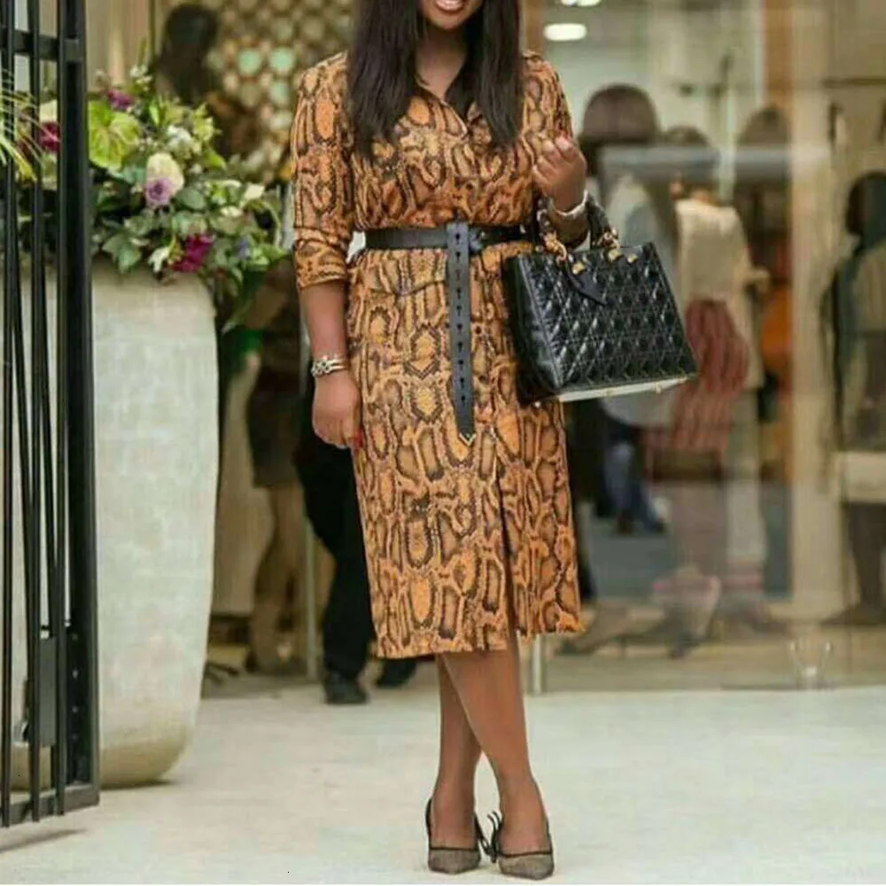 

Office Ladies Autumn Winter Snake Printed Dress Elegant Fashion Turn Down Collar African Style Vintage Women Retro Midi Dresses