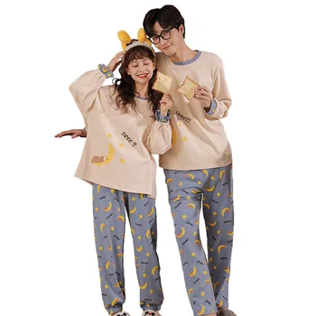 

Spring Autumn Long Sleeve Pyjama Set Men Style Couple Pijama Set Sleepwear Top + Pants Young Lovers Pajamas Sets Women Nightwear