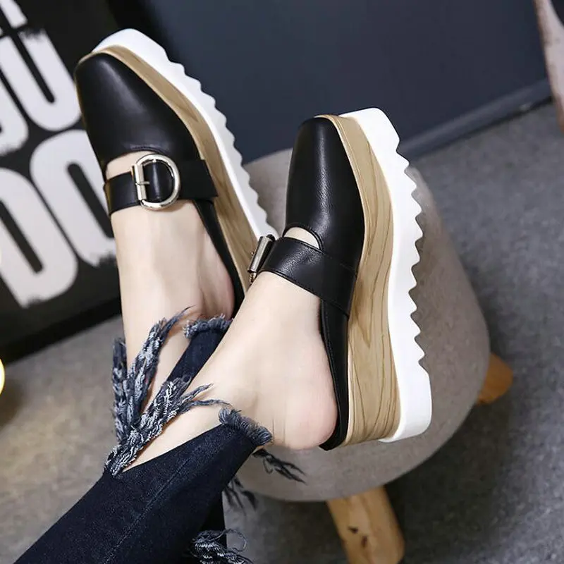 

Women Platform Slipper Square Toe Summer Creeper Buckle Platform Wedge Sandals Slippers Thick Heels casual shoes 2020