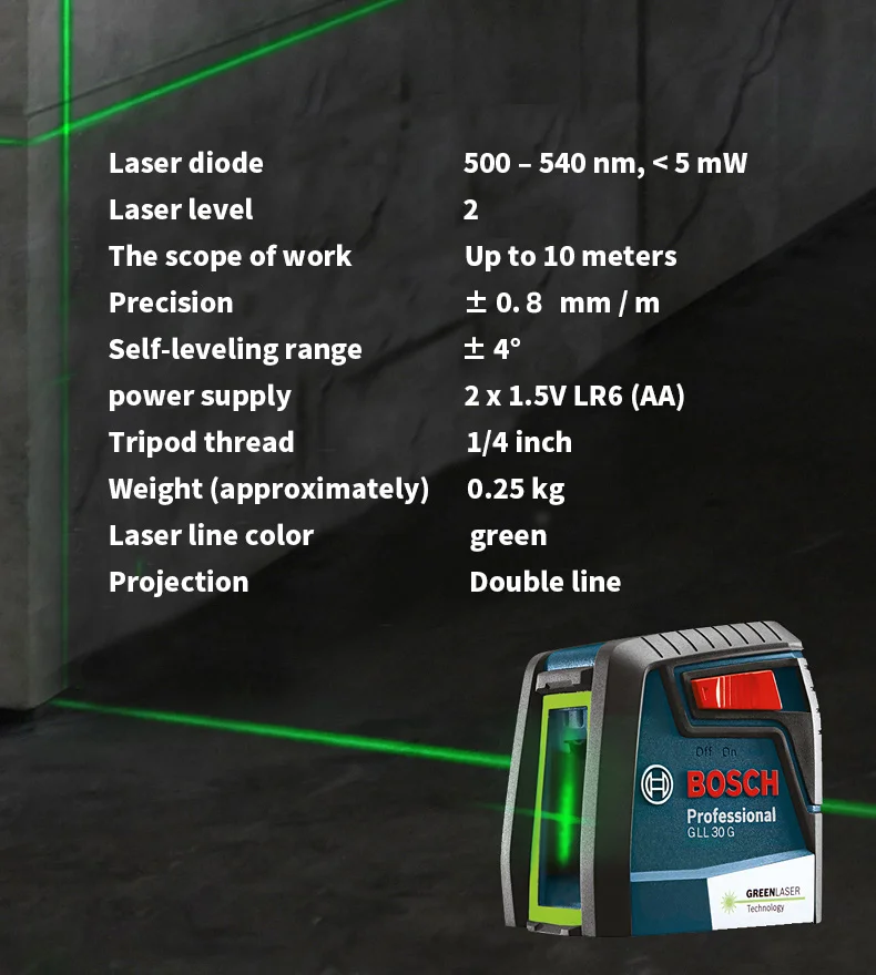 Bosch GLL30G лазерный уровень высокой точности зеленый свет двухлинейный горизонтальный и вертикальный лазерный уровень