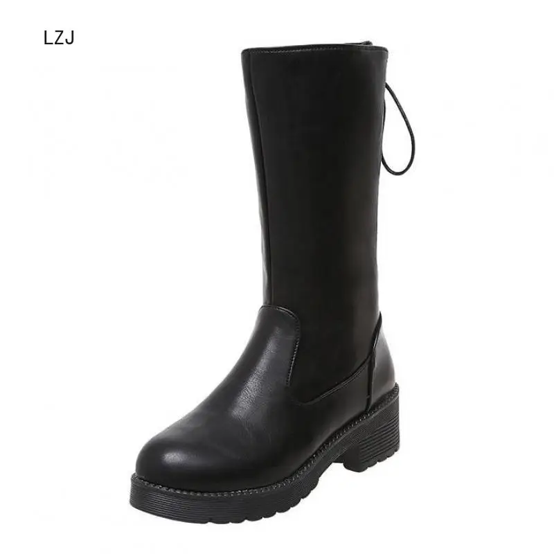 

2019 New Autumn Winter Mid-calf Women Boots Flats Heels Warm Plush PU Leather High Quality Knee Genuine Leather+PU Square Heel
