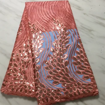 

2019 Latest French Advanced Sequins Nigerian Lace Dress New Gold Peach Tulle African Lace Fabric Wedding French Tulle Lace Dress