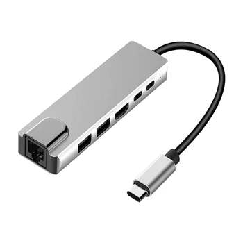 

USB-C Hub HUB Adapter 6 in 1 Aluminum Alloy Type-C to HDMI/87WPD RJ45 Hub 4K HD USB 3.1 Adapter