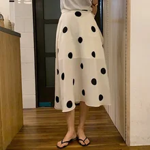 Винтажная Черная Женская юбка в горошек в Корейском стиле Kawaii Симпатичная модная женская юбка миди Harajuku школьная длинная юбка для женщин