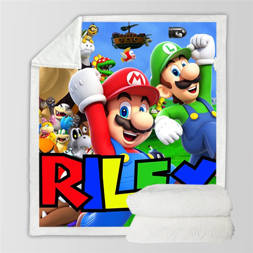 

Sherpa Fleece Warm Blanket Super Mario Print Adult Office Home Travel Blanket Cartoon Decor Blanket Large Bedding Kids Gift