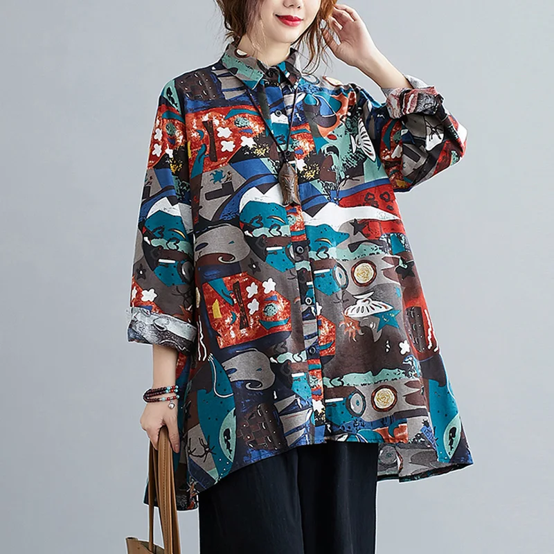 

Plus Size Casual Loose Shirt Women Cardigan Top 2020 New Long Sleeve Vintage Cotton Linen Printing Autumn Elegant Lady Shirts